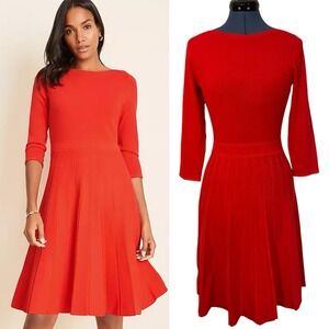 NWT Ann Taylor Red Pleated Fit Flare Knit Dress Holiday Preppy Cocktail Classy S
